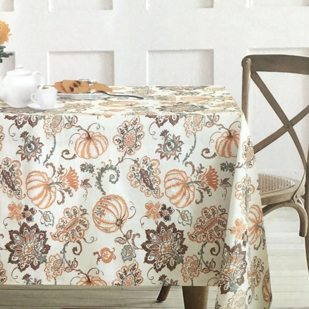 Envogue Pumpkin Jacobean Tablecloth Orange Brown 60x120 Cotton Thanksgiving Fall